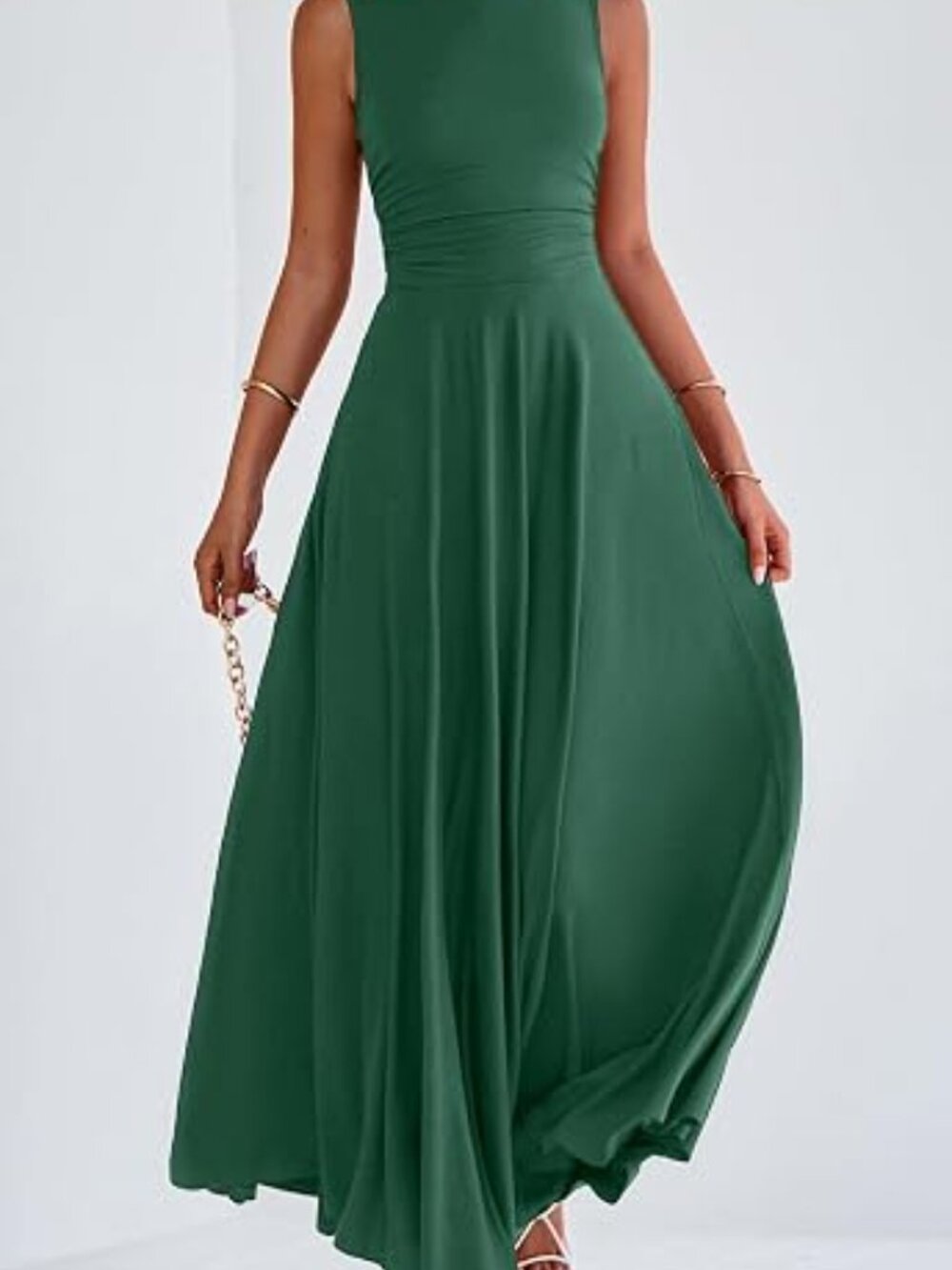 Women's Dark Green Crewneck High Waisted Casual Sleeve 2026 Aline Maxi Dress